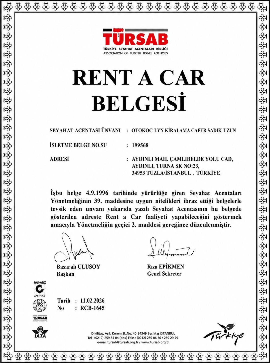 TÜRSAB İzin Belgesi